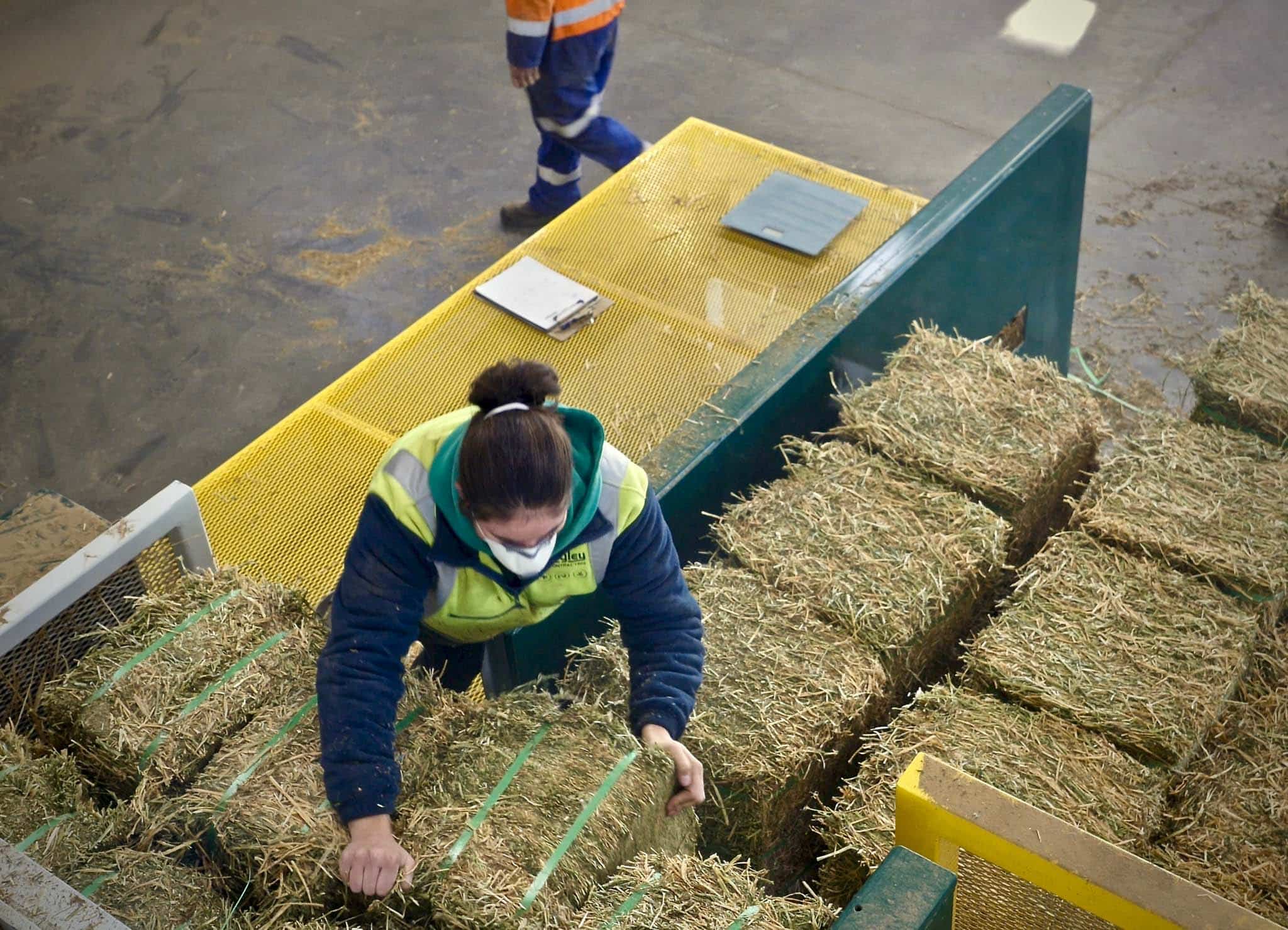 A worker stacking hay in a factory.